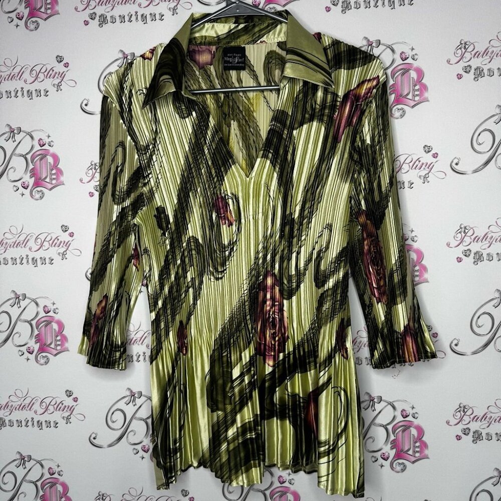 Mini pleats magic scarf top pleated floral green purple stretchy soft shiny luxe